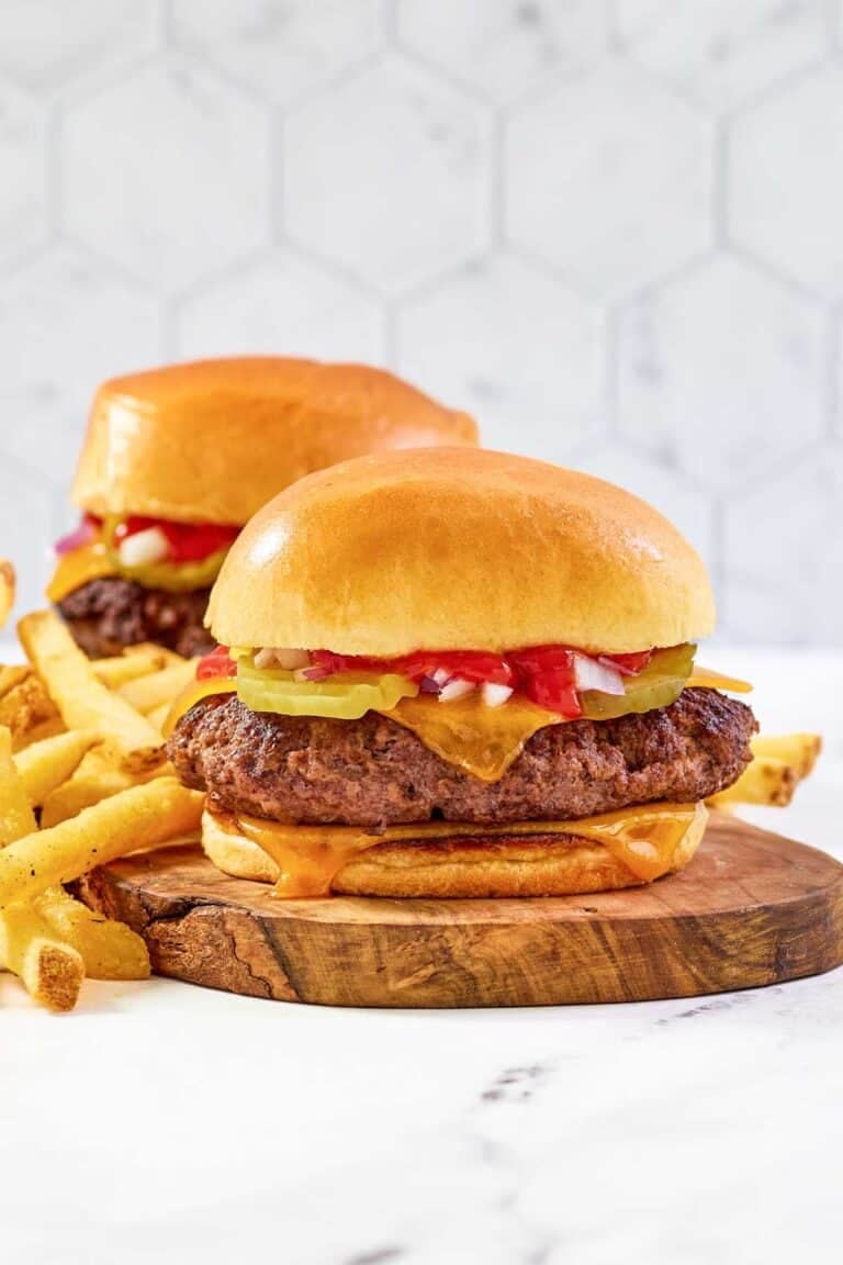 Copycat Chili's Big QP burger and fries.