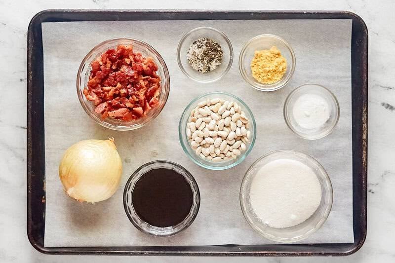 Copycat Durgin Park Boston baked beans ingredients on a tray.