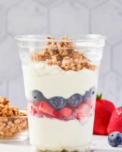 Copycat McDonald's fruit and yogurt parfait, granola, and berries.