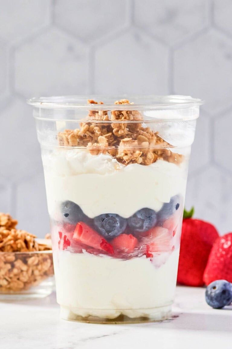 Copycat McDonald's fruit and yogurt parfait, granola, and berries.