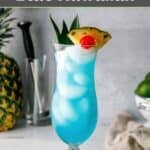 Homemade Olive Garden Blue Hawaiian cocktail in a hurricane glass.