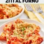 Homemade Olive Garden 5 cheese ziti al forno pasta on two plates.