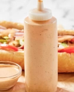 Copycat subway baja chipotle sauce in a squeeze bottle.