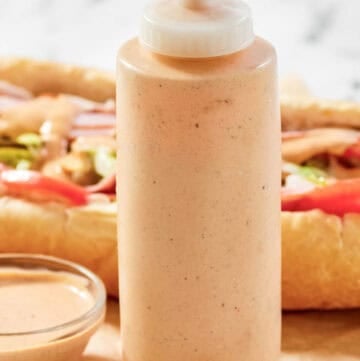 Copycat subway baja chipotle sauce in a squeeze bottle.