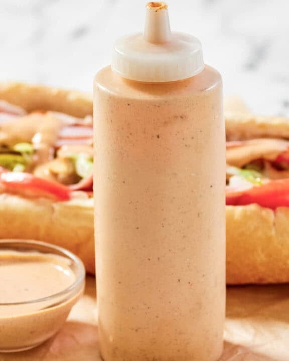 Copycat subway baja chipotle sauce in a squeeze bottle.