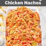 Homemade Subway Doritos footlong chicken nachos on a rectangular platter.