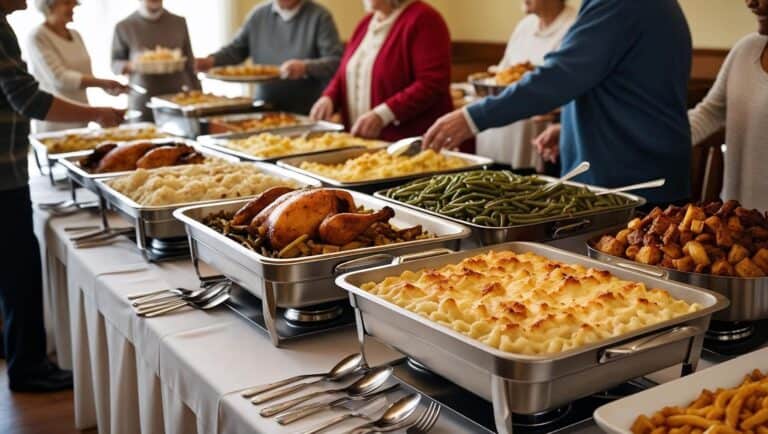 main dish pot luck dishes on a long table