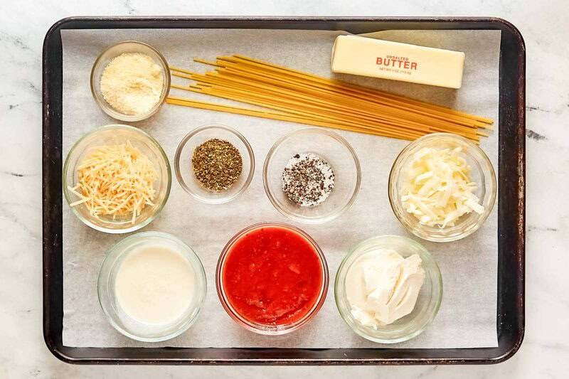 Copycat Cheddar's spasagna ingredients on a tray.