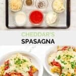 Copycat Cheddar's spasagna ingredients and two servings in bowls.
