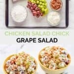 Copycat chicken salad chick grape salad ingredients and the salad in two bowls.