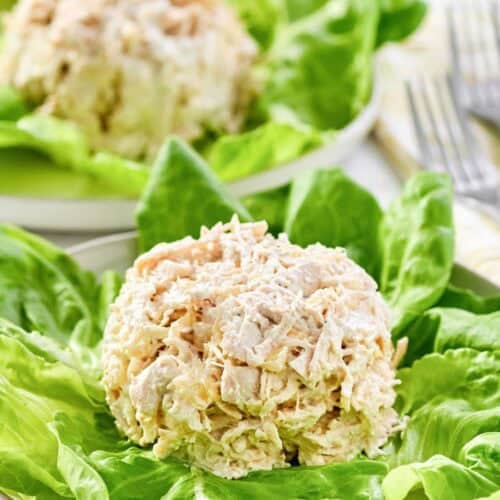 Copycat Jason's Deli chicken salad served on lettuce.