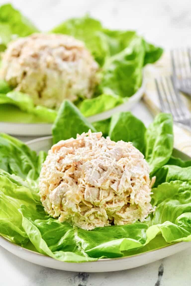 Copycat Jason's Deli chicken salad served on lettuce.