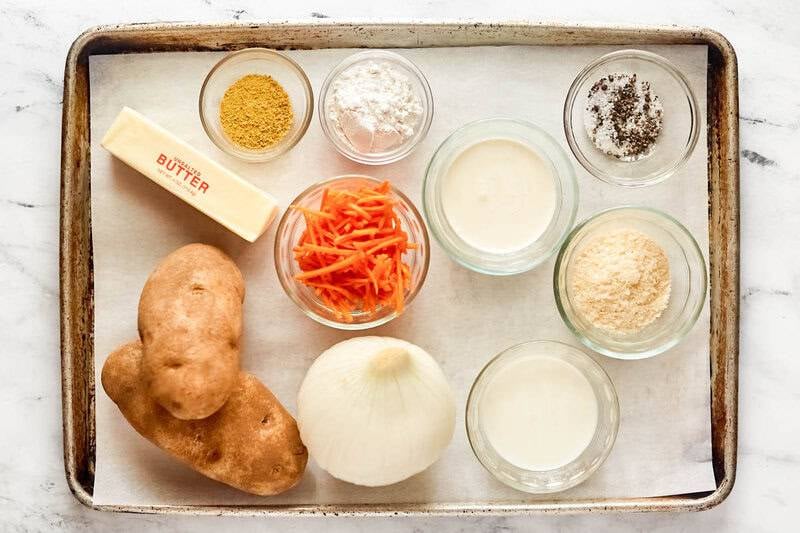 Copycat Jason's Deli Irish potato soup ingredients on a tray.