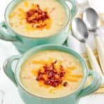 Copycat Jason's Deli Irish potato soup in two soup crocks.