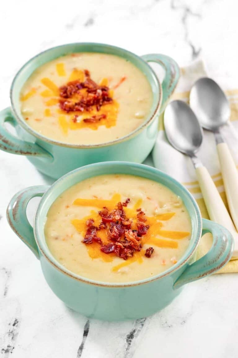 Copycat Jason's Deli Irish potato soup in two soup crocks.