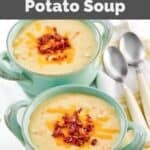 Homemade Jason's Deli Irish potato soup in two soup crocks and two spoons.