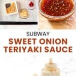 Copycat Subway sweet onion teriyaki sauce ingredients and the sauce in a bowl and squeeze bottle.