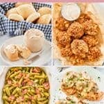 Copycat Texas Roadhouse rolls, butter, rattlesnake bites, green beans, and chicken.