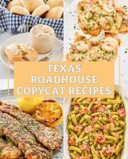 Copycat Texas Roadhouse rolls, butter, rice, chicken, and green beans.