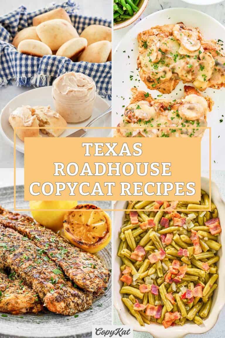 Copycat Texas Roadhouse rolls, butter, rice, chicken, and green beans.