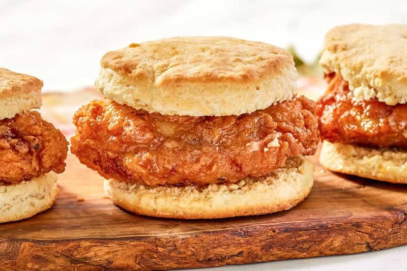 Copycat Wendy's honey butter chicken biscuit breakfast sandwich.