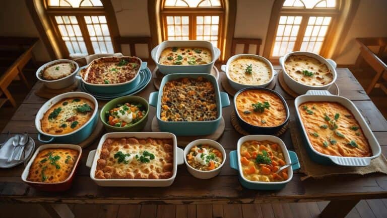 Overhead shot of casseroles on a table