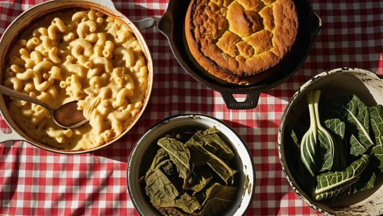 Overhead shot of a vintage Southern potluck spread on a red and white checkered tablecloth, bathed in warm, natural light. The spread features creamy mac and cheese in a rustic, slightly browned baking dish, a golden-brown cornbread in a cast iron skillet with visible texture, and vibrant green collard greens in a chipped enamel bowl showing signs of age. The scene emphasizes homey comfort and abundant hospitality, photographed with sharp focus and natural lighting.