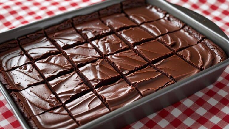 A 9×13 pan of glossy chocolate‑frosted brownies cut into neat squares, resting on a gingham tablecloth beside a wooden spatula.