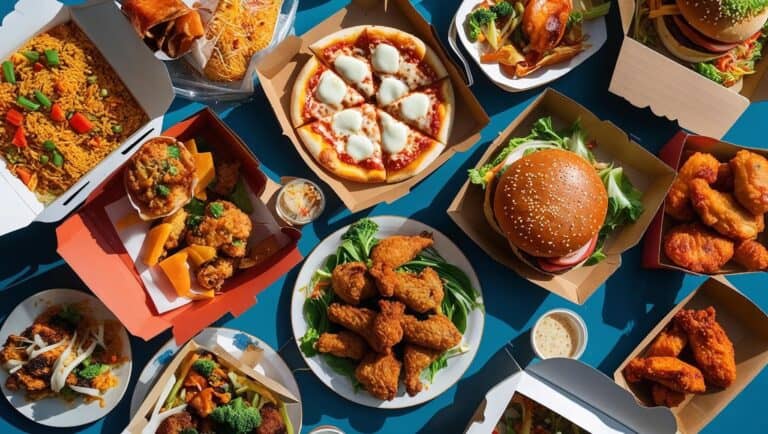 Overhead shot of a colorful table filled with homemade takeout favorites: fried rice, pizza, burgers, and crispy chicken, styled in takeout boxes and plates.