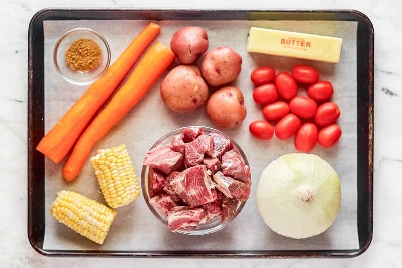 Copycat Cracker Barrel campfire beef meal ingredients on a tray.