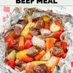 Homemade Cracker Barrel campfire beef meal in foil on parchment paper.