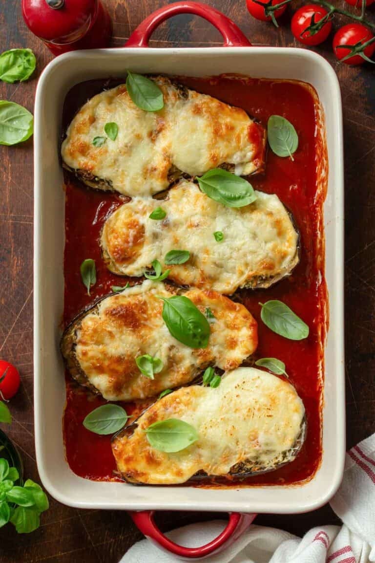 Eggplant parmesan in a baking dish.