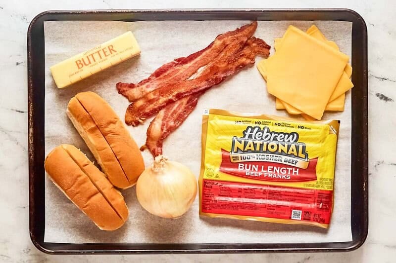 Copycat Five Guys hot dogs ingredients on a tray.