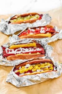 Copycat Five Guys hot dogs with various toppings.
