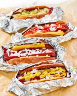 Copycat Five Guys hot dogs with various toppings.