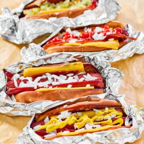 Copycat Five Guys hot dogs with various toppings.
