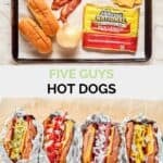 Copycat Five Guys hot dogs ingredients and the hot dogs with various toppings.