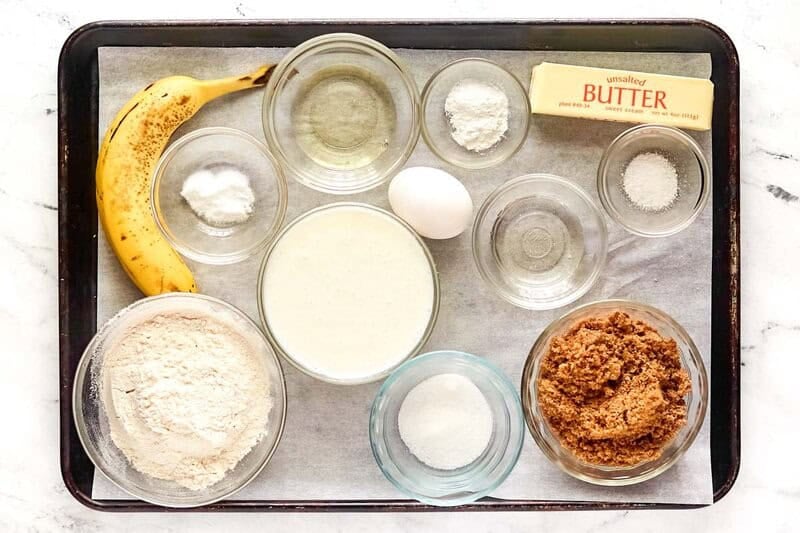 IHOP Bananas Foster Pancakes 20 Copycat IHOP bananas foster pancakes ingredients on a tray.