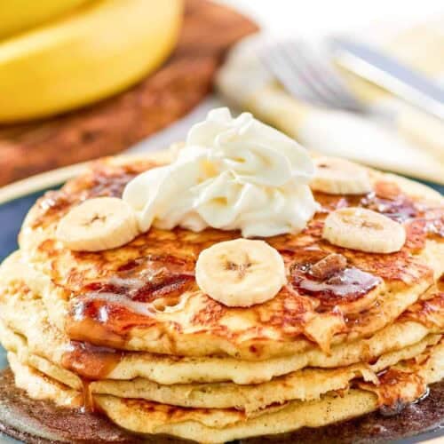 A stack of copycat IHOP bananas foster pancakes.