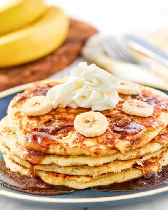 A stack of copycat IHOP bananas foster pancakes.