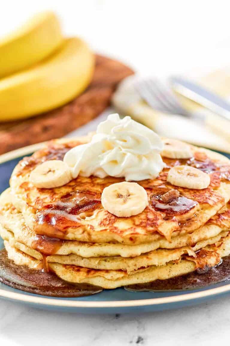 A stack of copycat IHOP bananas foster pancakes.