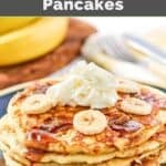 Homemade IHOP bananas foster pancakes, a fork, and bananas.