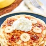A stack of homemade IHOP bananas foster pancakes.
