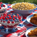 a picnic table with a berry triffle, macaroni salad, and fried chicken