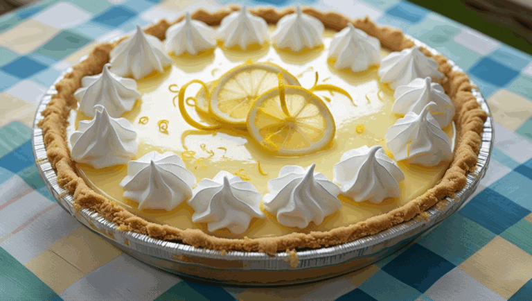 A chilled lemon icebox pie in a graham cracker crust, topped with whipped peaks and lemon twists, set on a vintage picnic tablecloth.