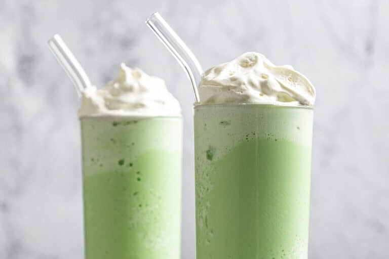 Matcha green tea frappuccino in tall glass.