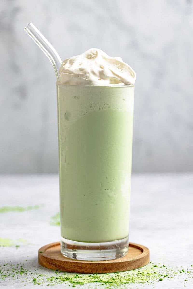 Copycat Starbucks matcha green tea frappuccino in a tall glass.