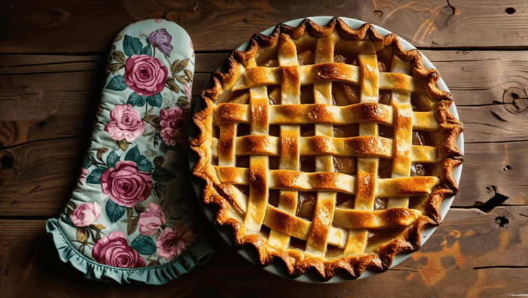 Overhead shot of a golden lattice-topped apple pie on a worn wooden table, next to a vintage floral oven mitt in a tin pie plate.