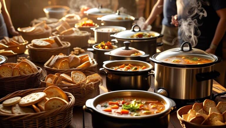 A long potluck table with slow cookers, stockpots, and tureens filled with steaming soups, surrounded by baskets of bread and crackers.