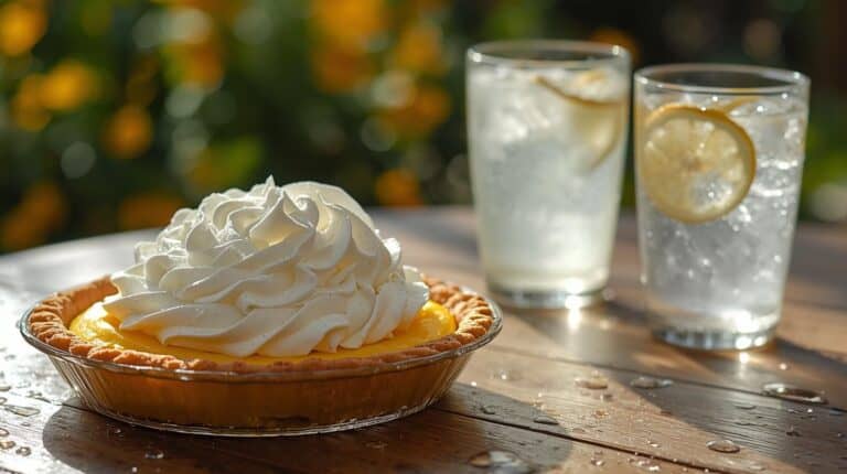 A chilled lemon icebox pie topped with whipped cream, served on a sunny outdoor table with cold drinks.